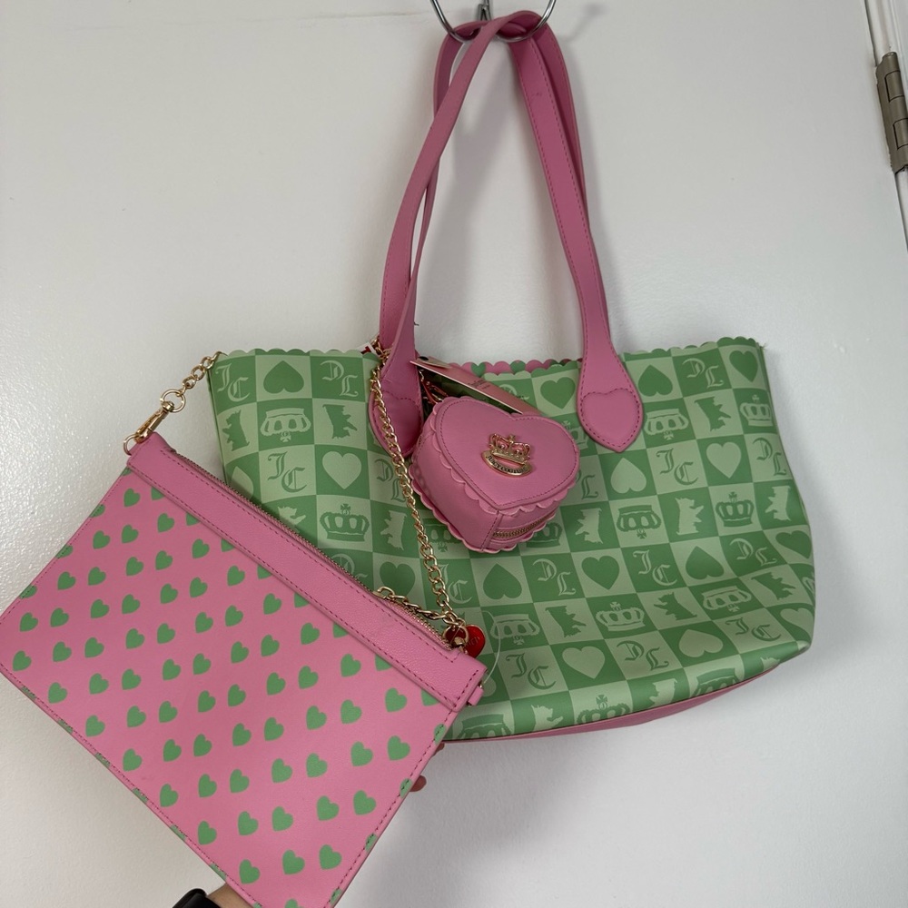 Juicy Couture Green Pink Tote Bag Set JC Print Heart Wristlet Charm Y2K